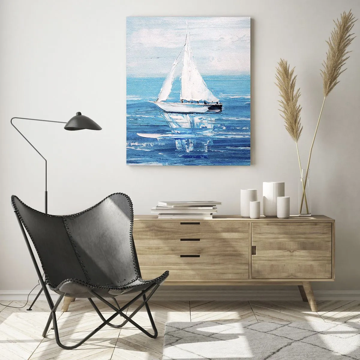 Obraz na szkle - Dwie białe żaglówki na spokojnym, błękitnym morzu - 50x70cm - Z przyjacielem u boku - Nowoczesna dekoracja ścienna do salonu, kuchni i sypialni ARTTOR
