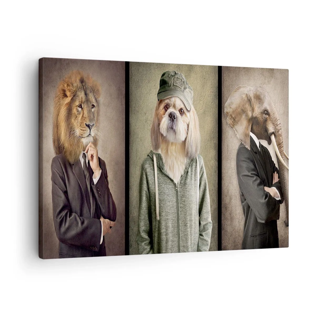 Obraz na płótnie - Stylizowane portrety lwa, psa i słonia w eleganckich ubraniach - 70x50cm - Wolę luzik - Nowoczesna dekoracja ścienna do salonu i sypialni ARTTOR