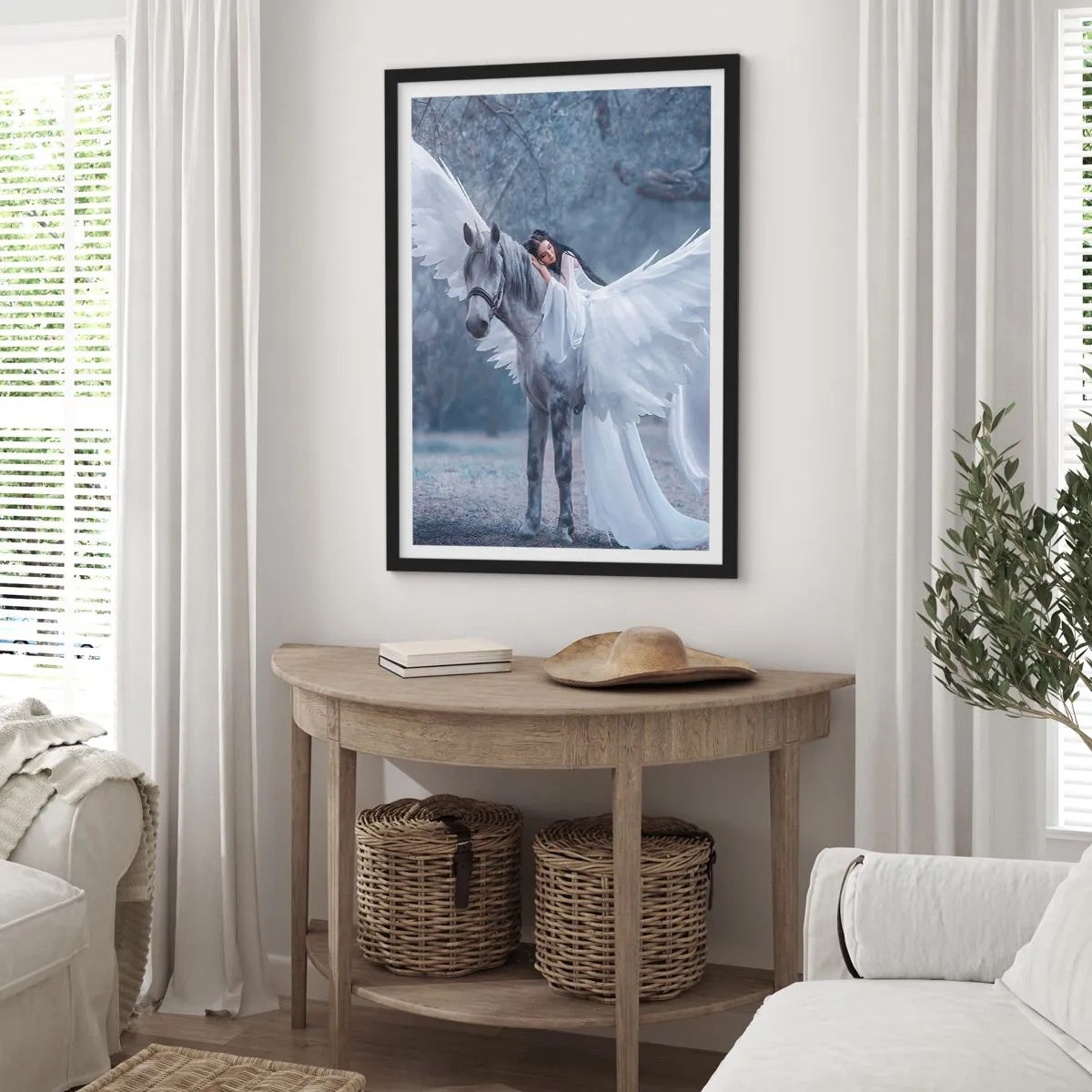 Plakat w czarnej ramie - Pegaz z białymi skrzydłami i eteryczną postacią - 50x70cm - Natchniona chwila - Nowoczesna dekoracja ścienna do salonu i sypialni ARTTOR