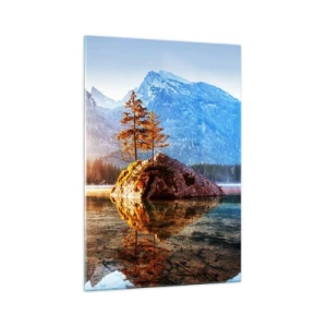Obraz na szkle - Jezioro z wyspami i górami w tle o wschodzie słońca - 70x100cm - Natura w nowym świetle - Nowoczesna dekoracja ścienna do salonu i sypialni ARTTOR