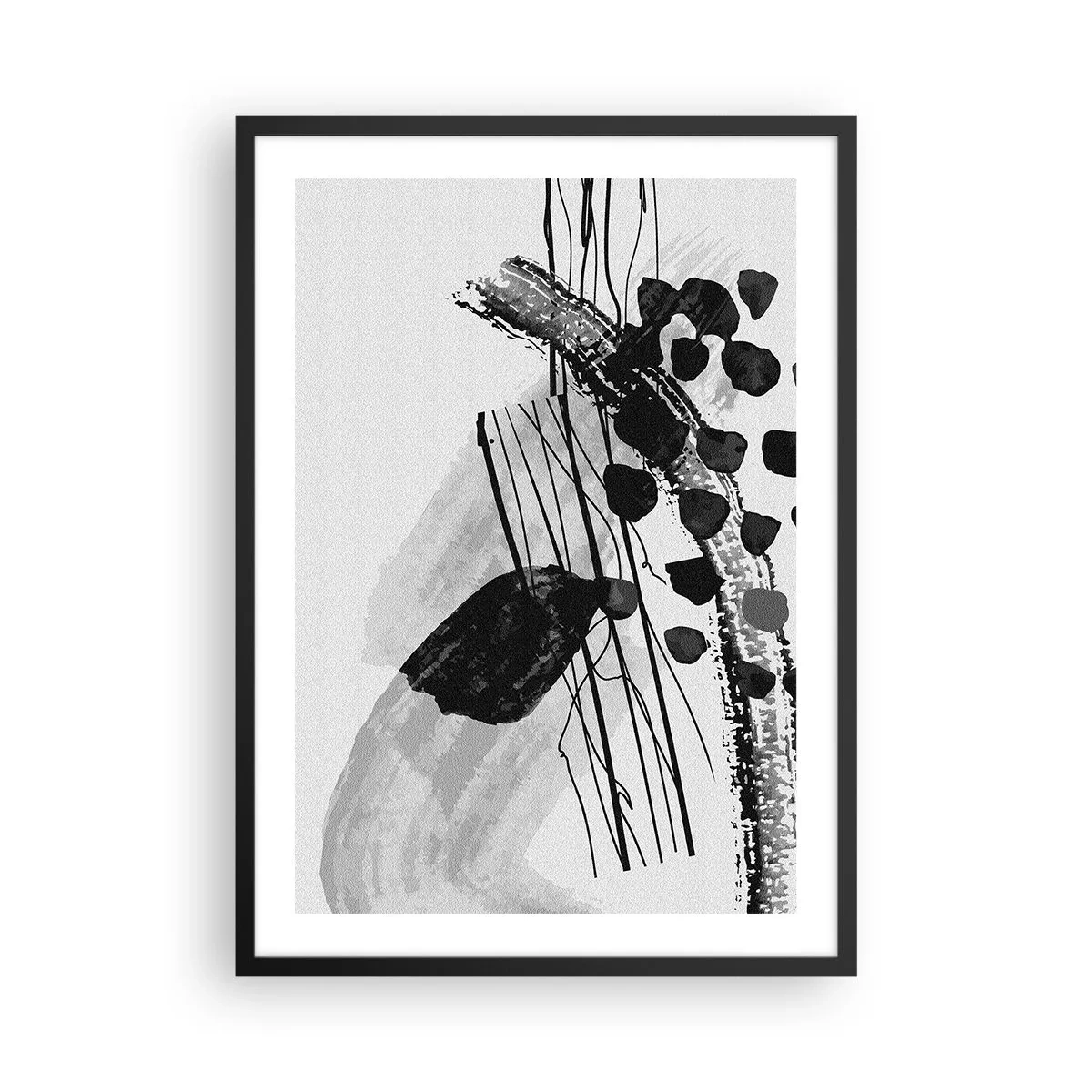 Plakat w czarnej ramie - Nowoczesna abstrakcja w czerni i bieli z dynamicznymi liniami - 50x70cm - Czarno-biała abstrakcja organiczna - Nowoczesna dekoracja ścienna do salonu i sypialni ARTTOR