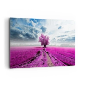 Obraz na płótnie - Samotne drzewo na polu w odcieniu intensywnego różu - 120x80cm - Wrzosowisko - uroczysko - Nowoczesna dekoracja ścienna do salonu, kuchni i sypialni ARTTOR