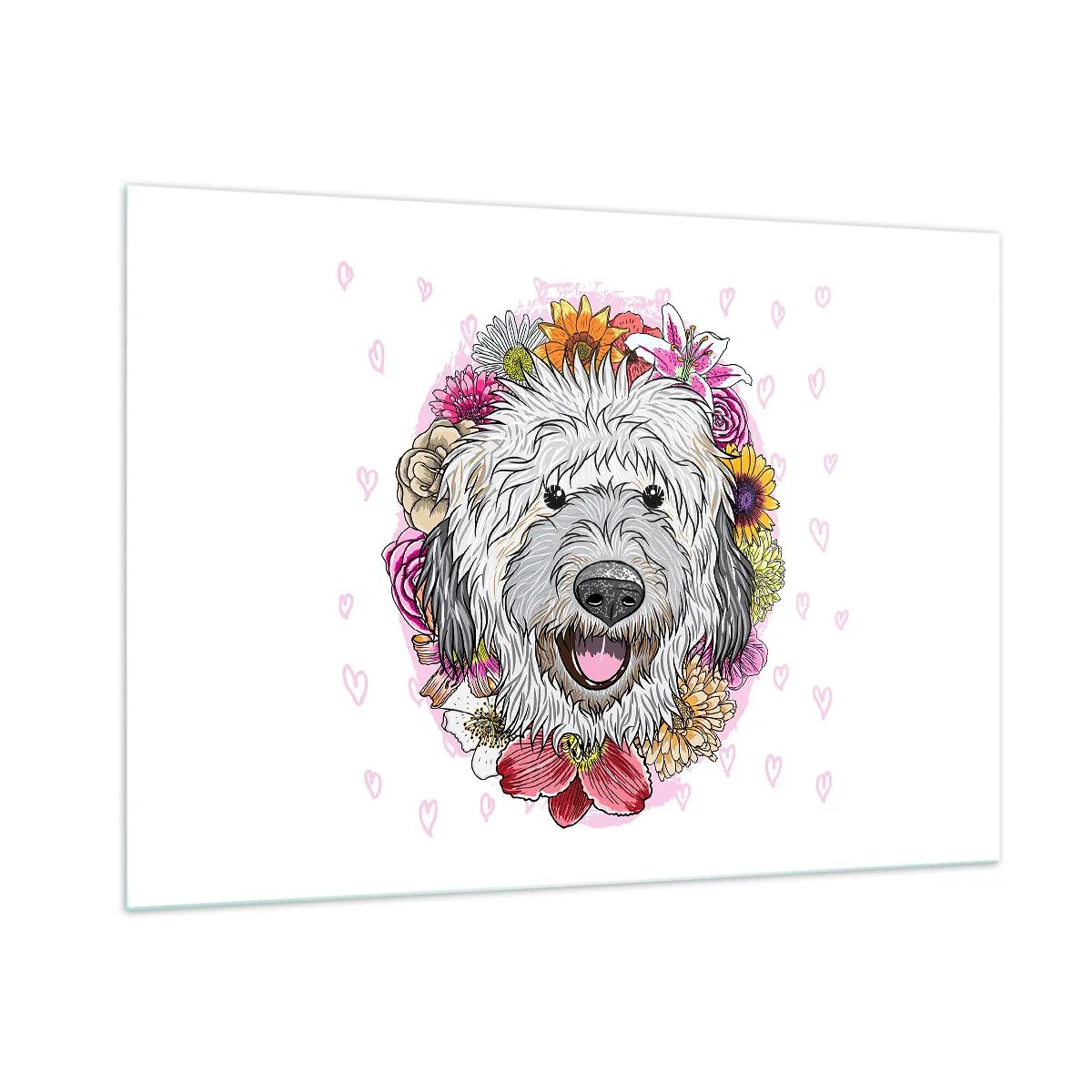 Obraz na szkle - Ilustracja przedstawiająca psa w otoczeniu kwiatów - 100x70cm - Szczenięca radość - Nowoczesna dekoracja ścienna do salonu, kuchni i sypialni ARTTOR
