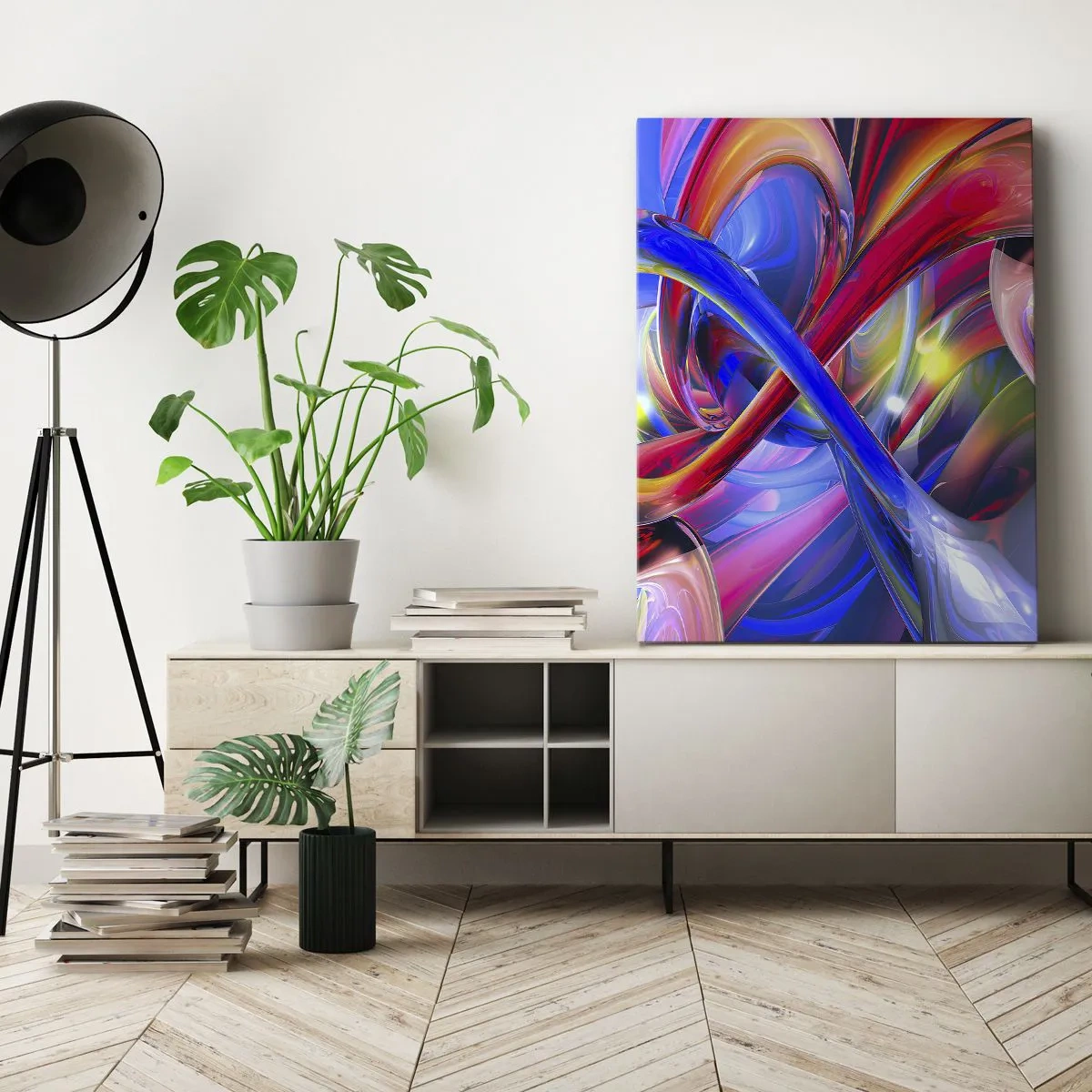 Obraz na płótnie - Abstrakcyjne, kolorowe kompozycje geometryczne w dynamicznych kształtach - 70x100cm - Taniec barw - Nowoczesna dekoracja ścienna do salonu i sypialni ARTTOR