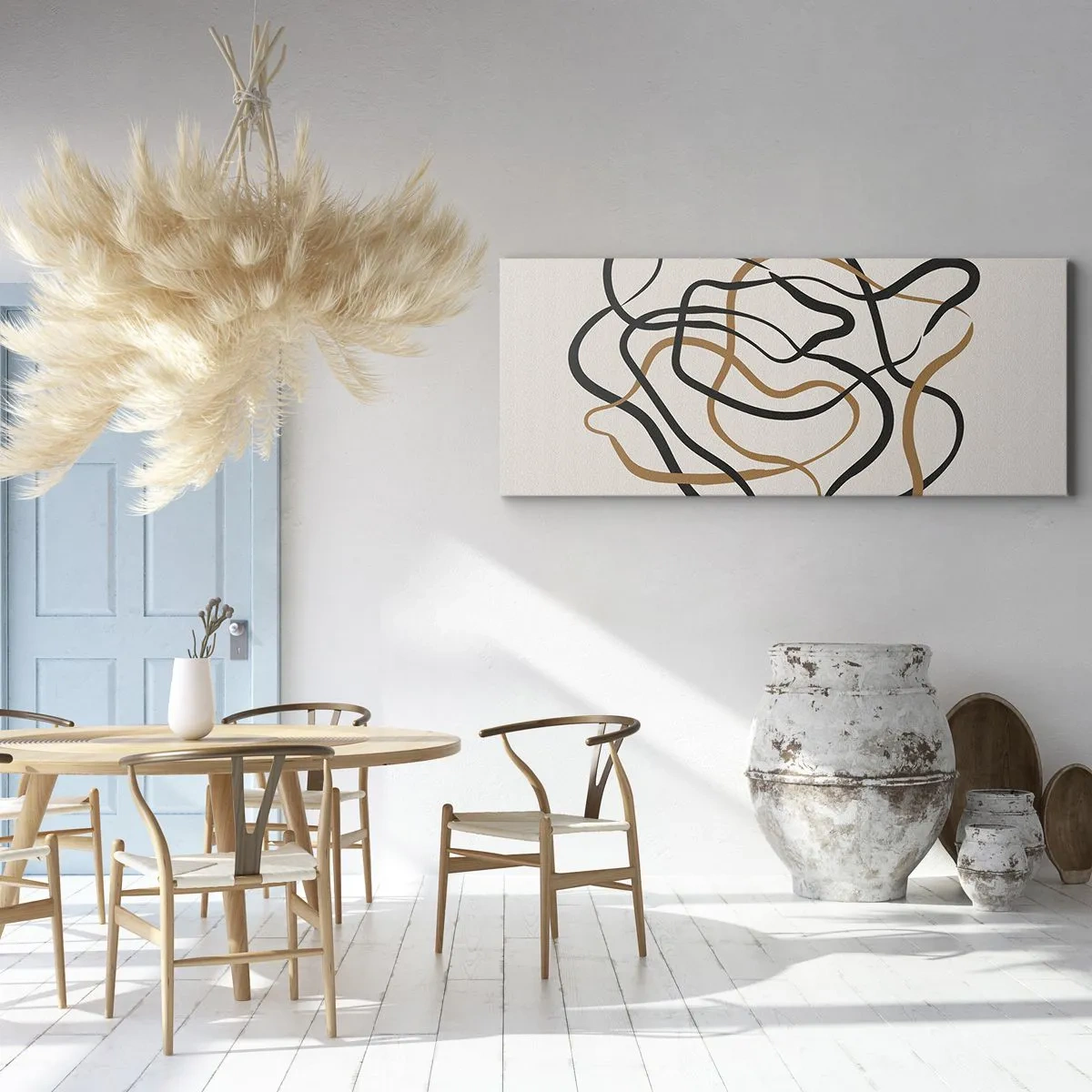 Obraz na płótnie - Splątane linie w czerni i złocie na jasnym tle - 140x50cm - Wszystko się pokręciło - Nowoczesna dekoracja ścienna do salonu i sypialni ARTTOR