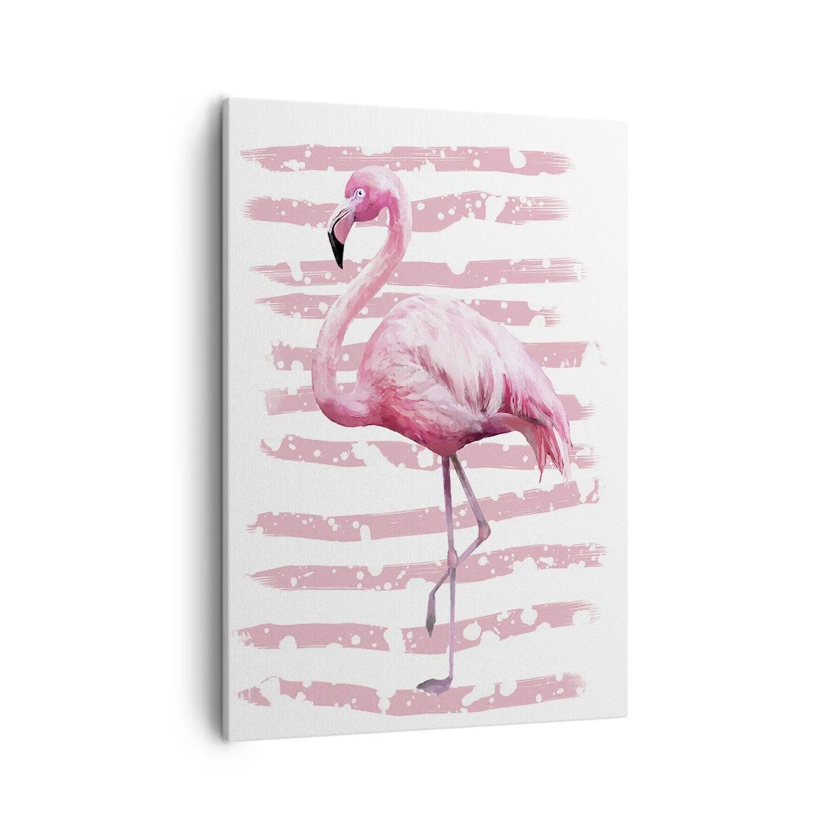 Obraz na płótnie - Różowy flaming na tle abstrakcyjnych pastelowych pasów - 50x70cm - Z godnościa, choć na różowo - Nowoczesna dekoracja ścienna do salonu, kuchni i sypialni ARTTOR