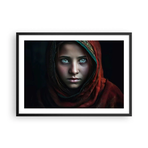 Plakat w czarnej ramie - Portret kobiety z intensywnym spojrzeniem w ciepłych barwach - 70x50cm - Wschodnia księżniczka - Nowoczesna dekoracja ścienna do salonu i sypialni ARTTOR