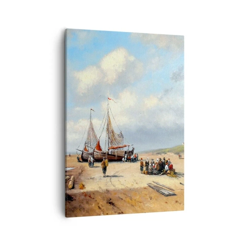 Obraz na płótnie - Scena plażowa z żaglówkami i grupą ludzi na tle błękitnego nieba - 50x70cm - Po udanym połowie - Nowoczesna dekoracja ścienna do salonu, kuchni i sypialni ARTTOR