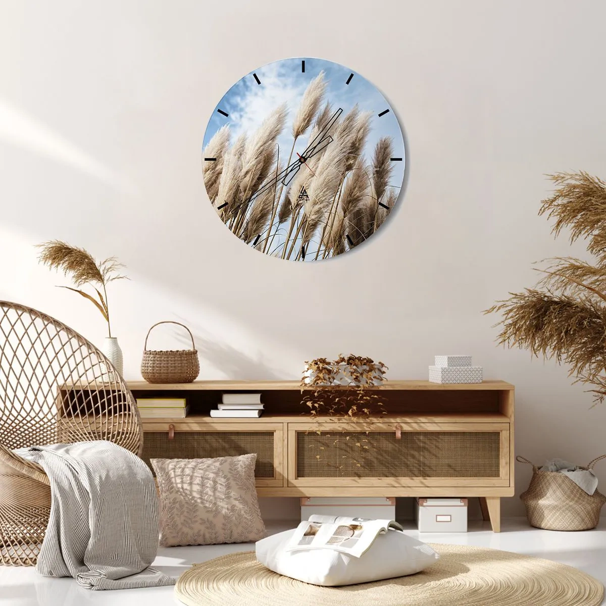 Zegar ścienny - Puszyste trawy pampasowe na tle błękitnego nieba - 30x30cm - Słoneczna i wietrzna pieszczota - Nowoczesna dekoracja ścienna do salonu, kuchni i sypialni ARTTOR