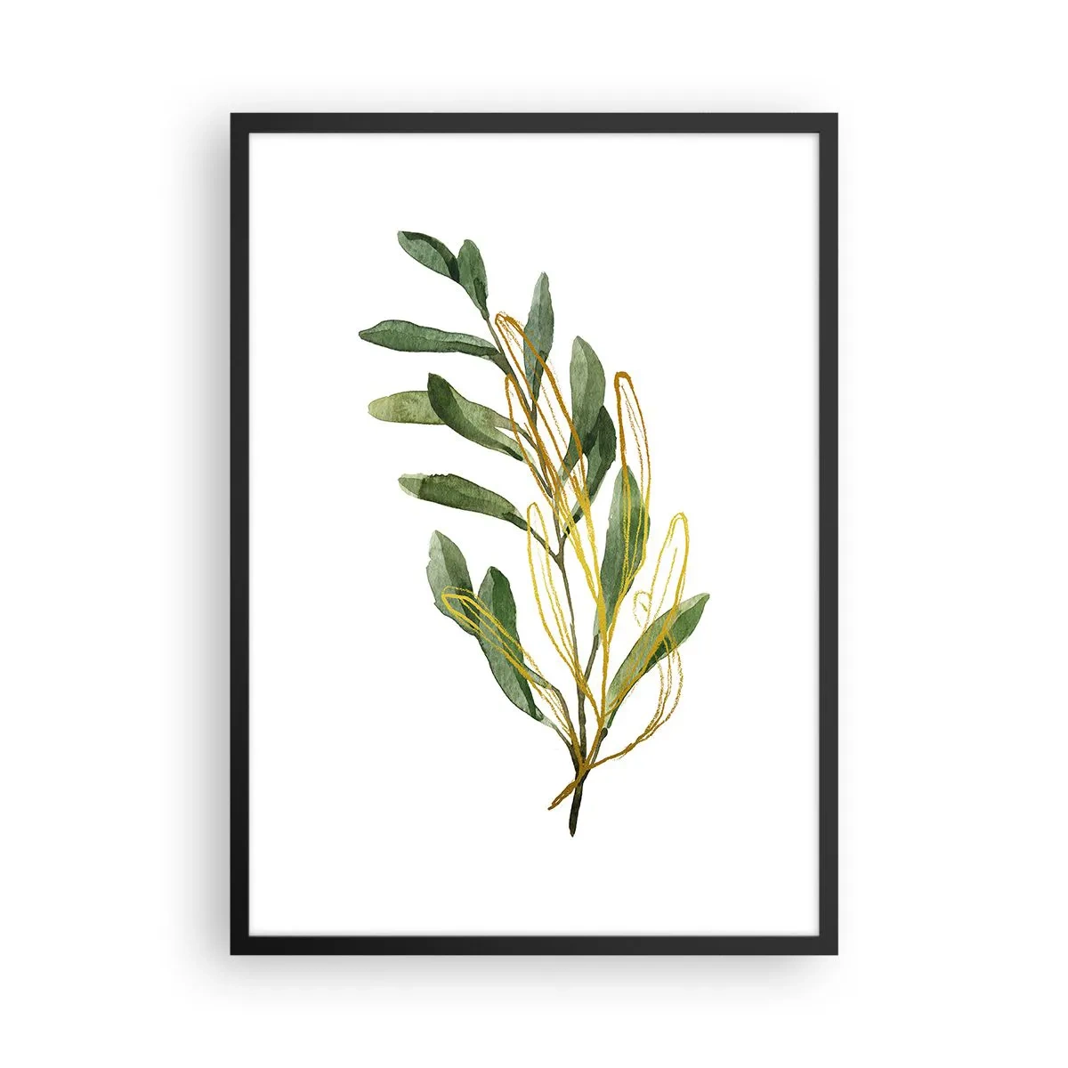 Plakat w czarnej ramie - Akwarelowa gałązka z delikatnymi złotymi akcentami - 50x70cm - Wszystko co dobre - Nowoczesna dekoracja ścienna do salonu i sypialni ARTTOR