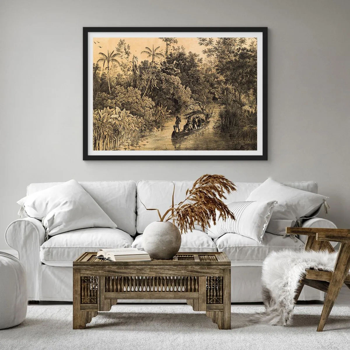 Plakat w czarnej ramie - Rysunek dżungli z łodzią na rzece - 70x50cm - Wyprawa do źródła - Nowoczesna dekoracja ścienna do salonu i sypialni ARTTOR