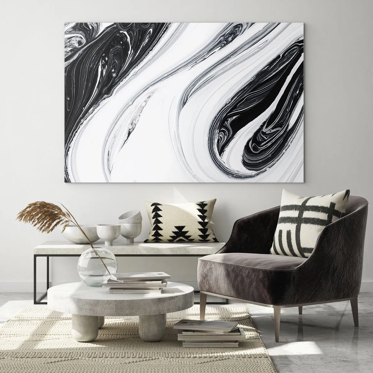 Obraz na szkle - Czarno-białe wirujące linie przypominające marmur w abstrakcyjnym stylu - 70x50cm - Połączenie przeciwieństw - Nowoczesna dekoracja ścienna do salonu i sypialni ARTTOR