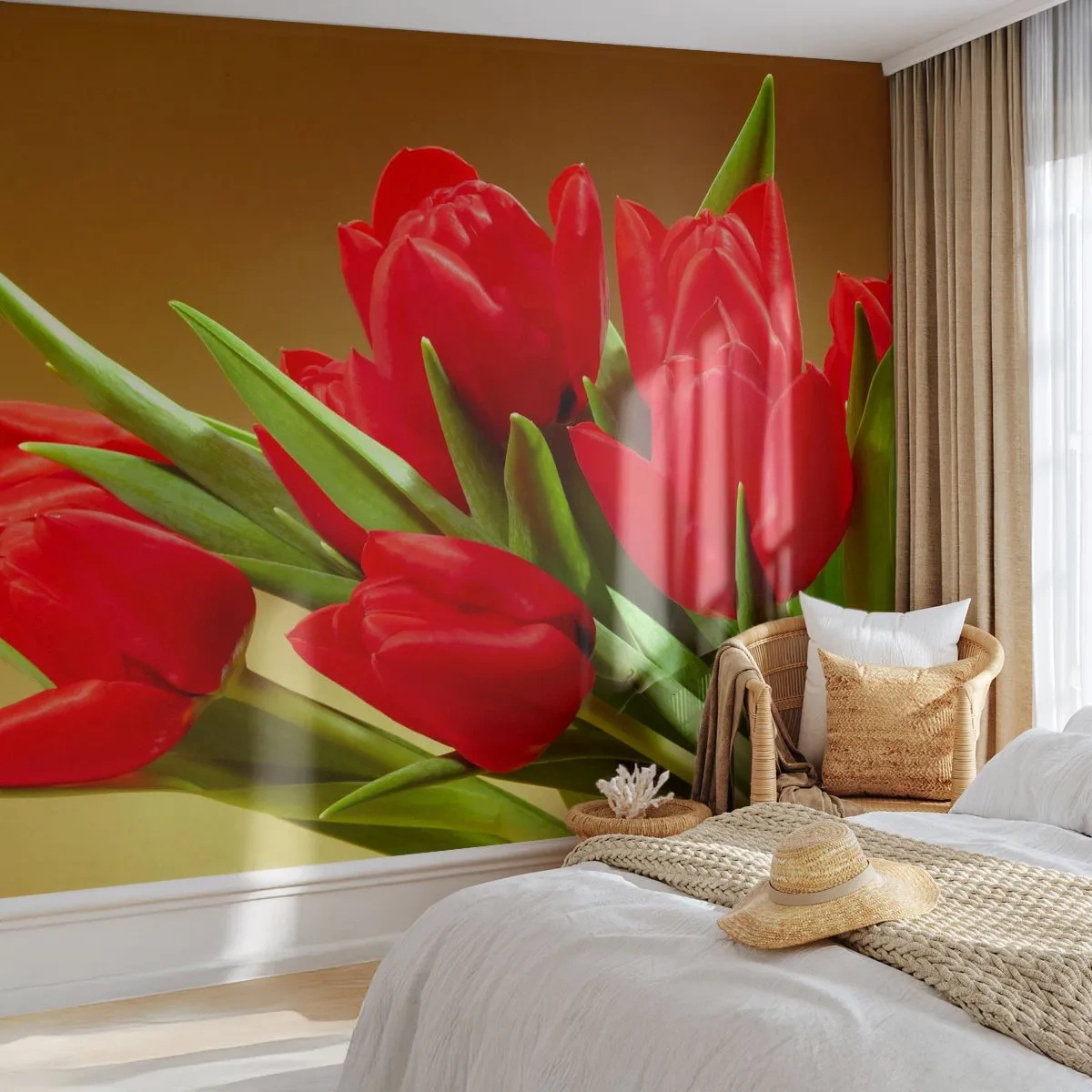 Fototapeta Premium Sand - Bukiet czerwonych tulipanów na złotym tle - 100x70cm - Pęk wiosennej radości - Nowoczesna dekoracja ścienna do salonu, kuchni i sypialni ARTTOR