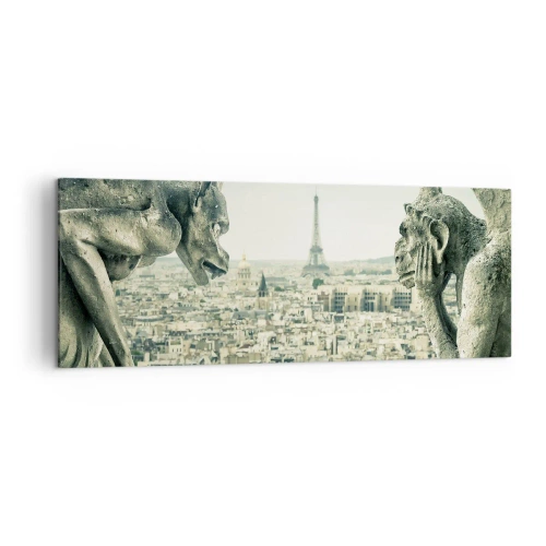 Obraz na płótnie - Gargulce z widokiem na panoramę Paryża i wieżę Eiffla - 140x50cm - Paryskie pogaduchy - Nowoczesna dekoracja ścienna do salonu i sypialni ARTTOR