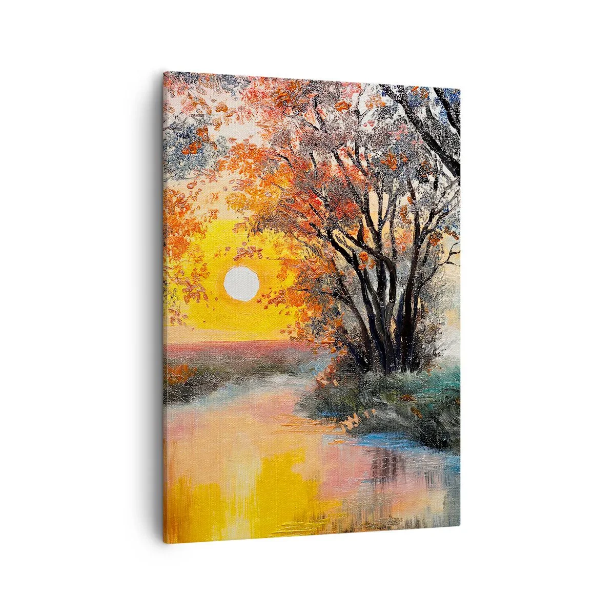 Obraz na płótnie - Jesienny krajobraz z zachodem słońca nad rzeką - 50x70cm - Jesienne klimaty - Nowoczesna dekoracja ścienna do salonu, kuchni i sypialni ARTTOR