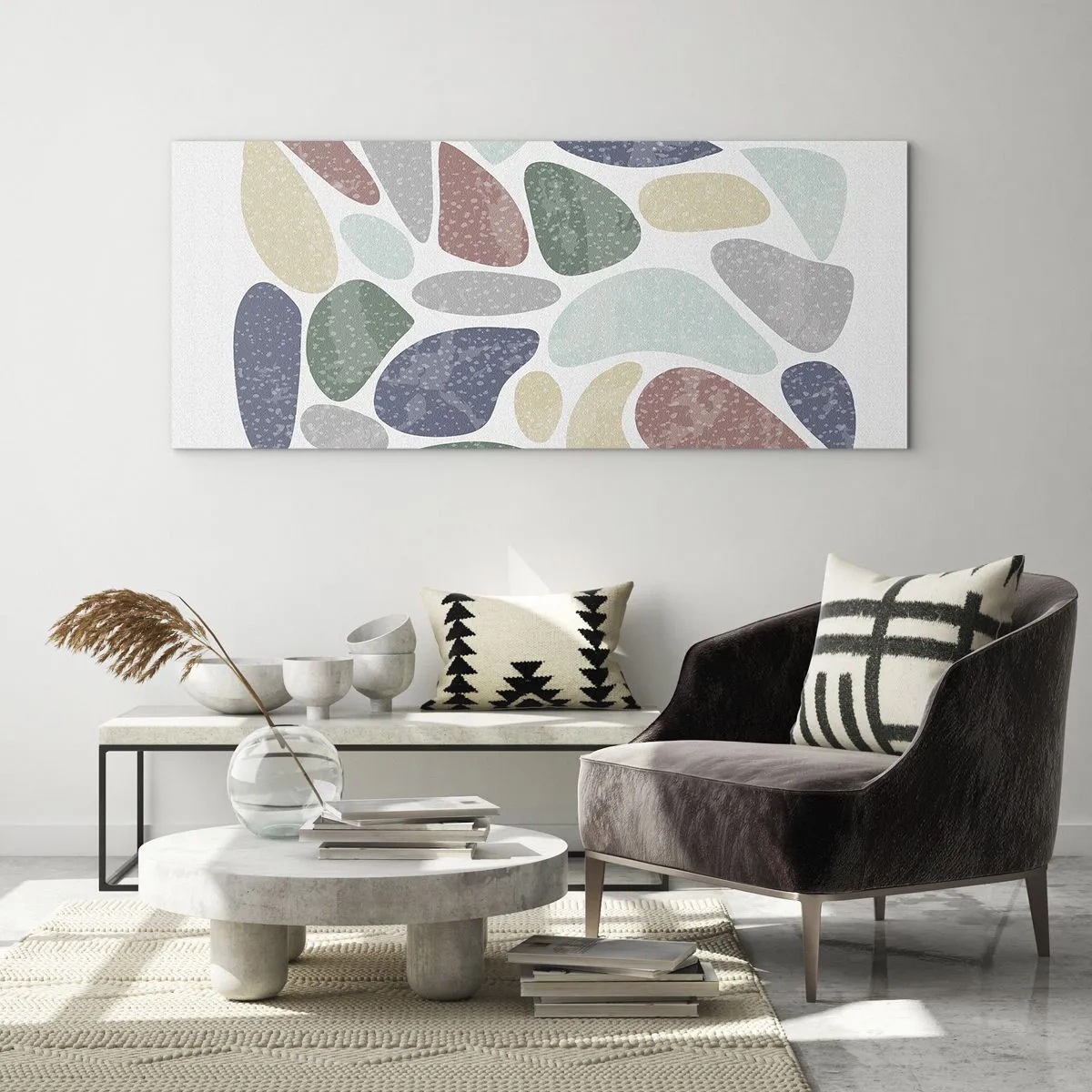 Obraz na szkle - Kolorowe organiczne kształty na białym tle - 140x50cm - Mozaika pudrowanych barw - Nowoczesna dekoracja ścienna do salonu i sypialni ARTTOR