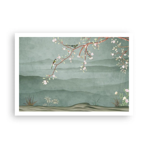 Plakat - Malowniczy obraz gałęzi kwitnącego drzewa z ptakami na tle zielonych wzgórz - 100x70cm - Wiosna, ach, to ty - Nowoczesna dekoracja ścienna do salonu i sypialni ARTTOR