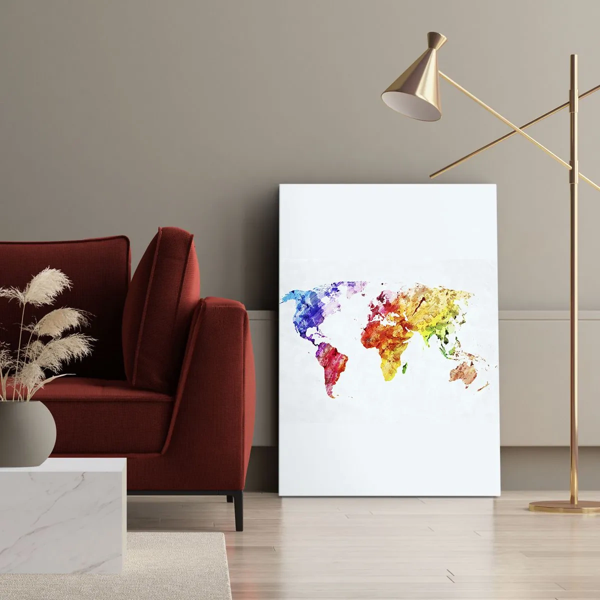 Obraz na płótnie - Kolorowa mapa świata w stylu akwarelowym na białym tle - 50x70cm - Wszystkie barwy świata - Nowoczesna dekoracja ścienna do salonu, kuchni i sypialni ARTTOR