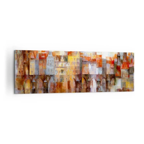 Obraz na płótnie - Malownicza panorama miasta z mostem w jesiennych barwach - 160x50cm - Pod mostem też pięknie - Nowoczesna dekoracja ścienna do salonu i sypialni ARTTOR