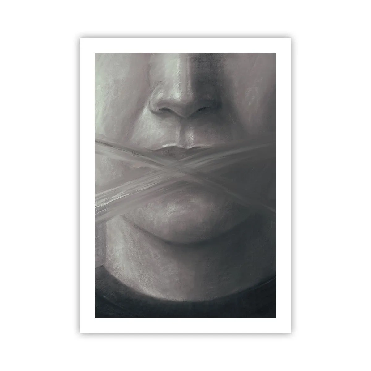 Plakat - Symboliczna twarz z zakrytymi ustami w monochromatycznych barwach - 50x70cm - Ani słowa - Nowoczesna dekoracja ścienna do salonu, kuchni i sypialni ARTTOR