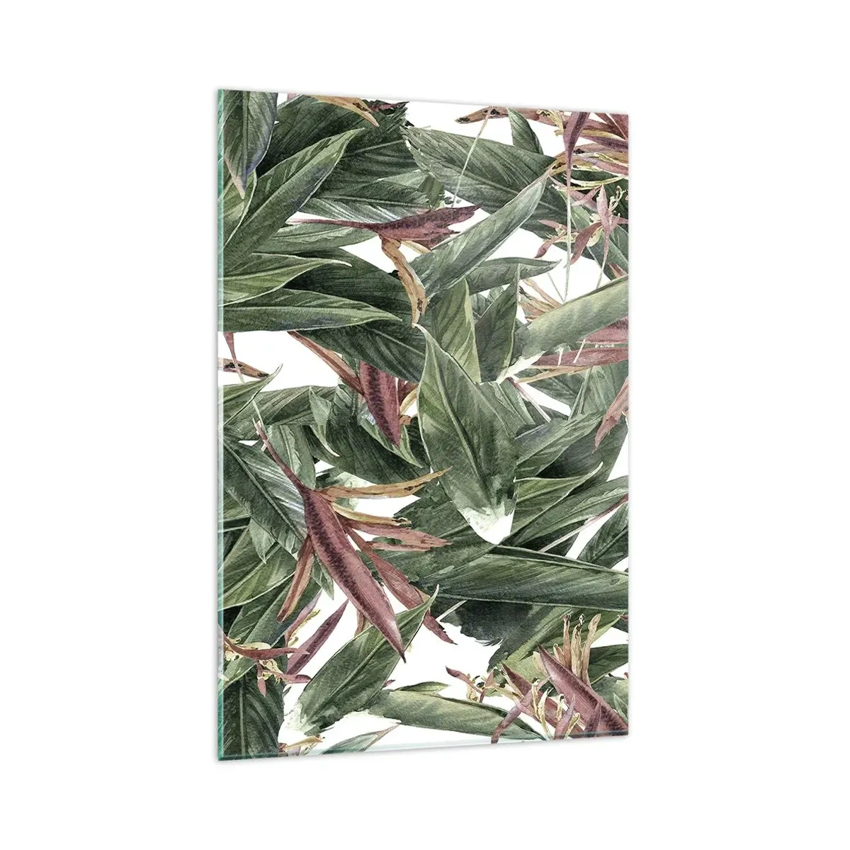 Obraz na szkle - Dekoracyjny motyw liści w odcieniach zieleni i bordo na jasnym tle - 80x120cm - Szmaragdowo-liliowy gąszcz - Nowoczesna dekoracja ścienna do salonu i sypialni ARTTOR