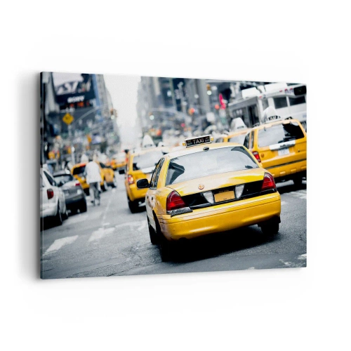 Obraz na płótnie - Żółte taksówki na ruchliwej ulicy miejskiej w centrum metropolii - 120x80cm - Tylko w tym mieście - Nowoczesna dekoracja ścienna do salonu, kuchni i sypialni ARTTOR
