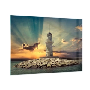 Obraz na szkle - Latarnia morska na tle zachodzącego słońca - 100x70cm - Światło - Dobro - Piękno - Nowoczesna dekoracja ścienna do salonu, kuchni i sypialni ARTTOR
