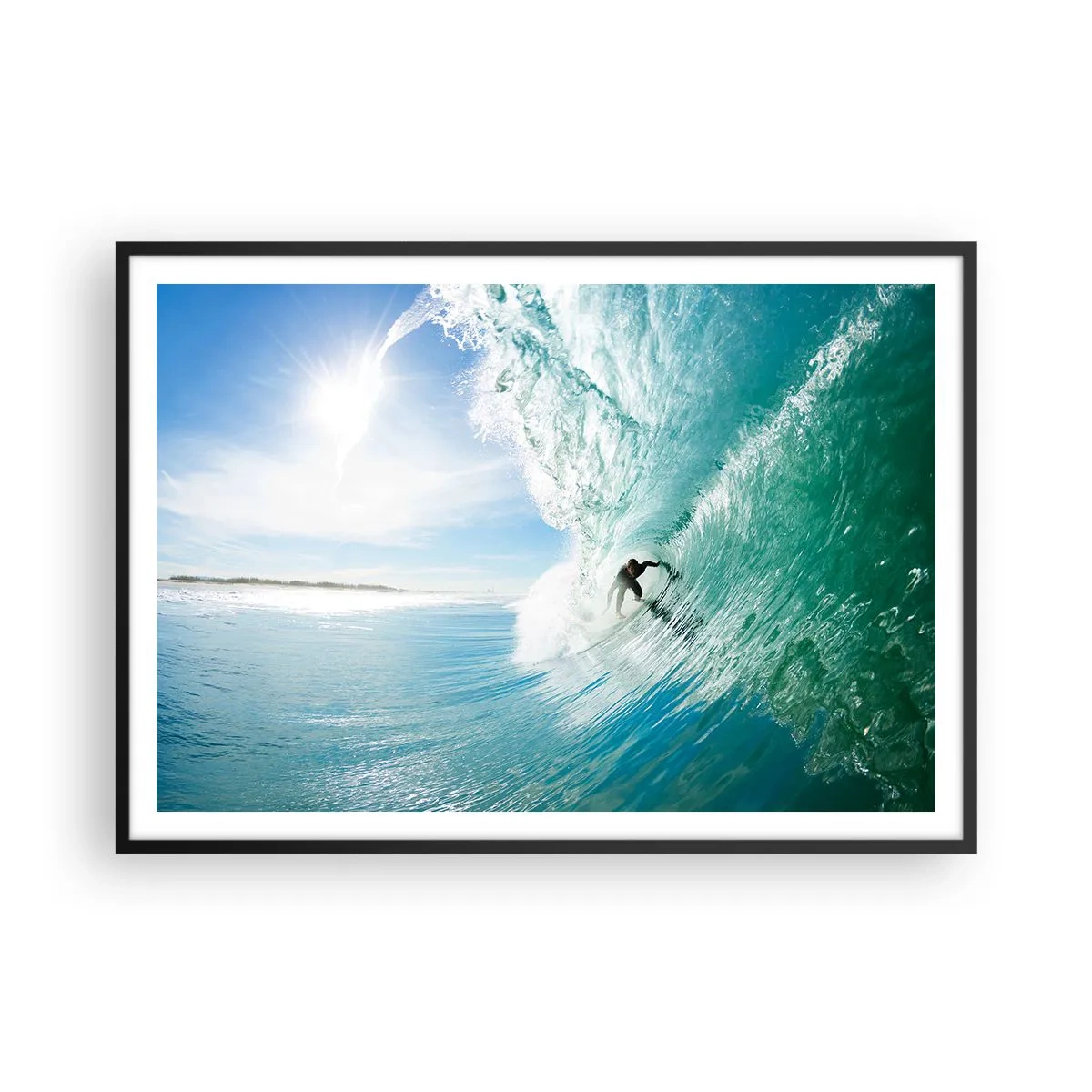 Plakat w czarnej ramie - Surfer na fali w świetle słońca na tle błękitnego nieba - 100x70cm - Zawsze na fali - Nowoczesna dekoracja ścienna do salonu i sypialni ARTTOR