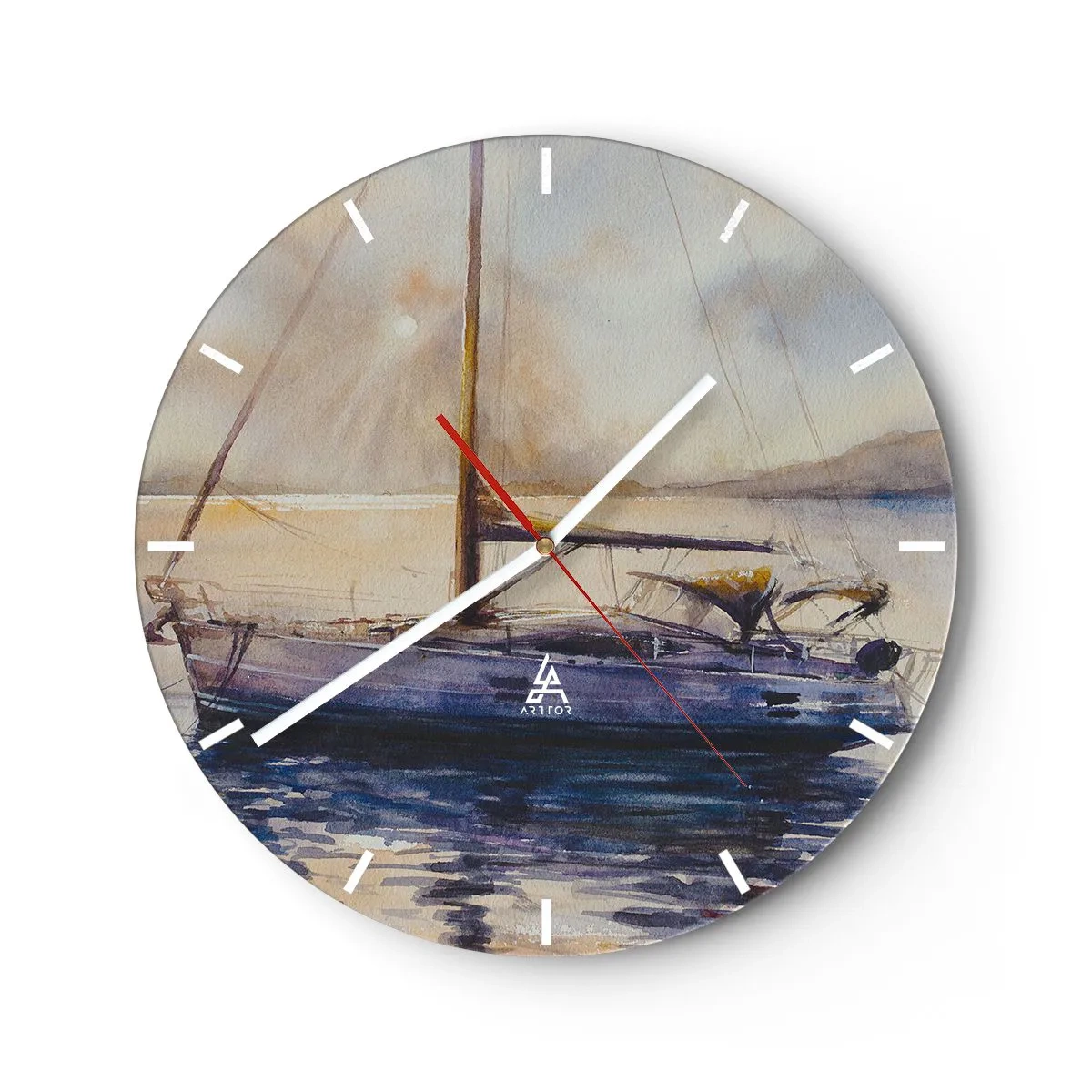 Zegar ścienny - Jacht na wodzie o zachodzie słońca w akwarelowym stylu - 30x30cm - Wieczór w zatoce - Nowoczesna dekoracja ścienna do salonu, kuchni i sypialni ARTTOR