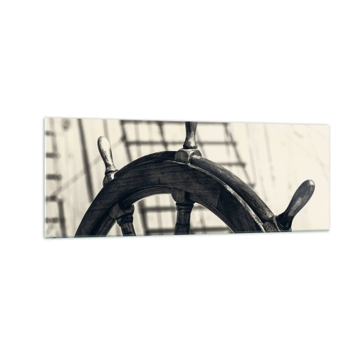 Obraz na szkle - Ster żeglarski w stylu retro na tle statku - 140x50cm - Morskie opowieści - Nowoczesna dekoracja ścienna do salonu i sypialni ARTTOR