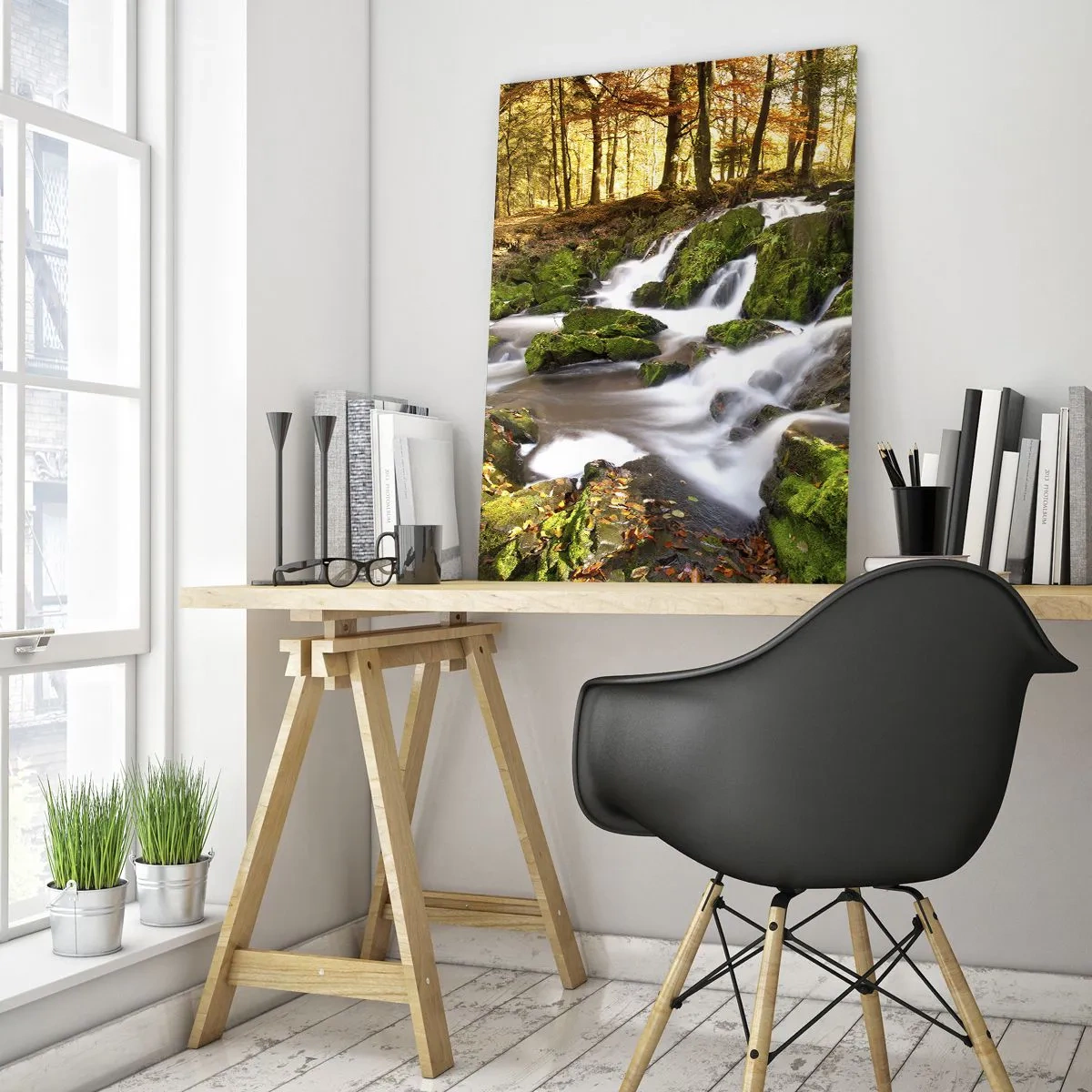 Obraz na szkle - Leśny strumień z wodospadami w jesiennym krajobrazie - 50x70cm - Bystro przez jesienny las - Nowoczesna dekoracja ścienna do salonu, kuchni i sypialni ARTTOR