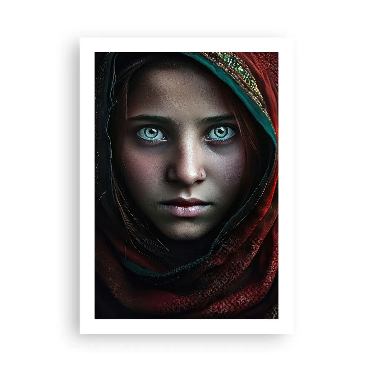 Plakat - Portret dziewczyny w czerwonym szalu o hipnotyzujących oczach - 50x70cm - Wschodnia księżniczka - Nowoczesna dekoracja ścienna do salonu, kuchni i sypialni ARTTOR