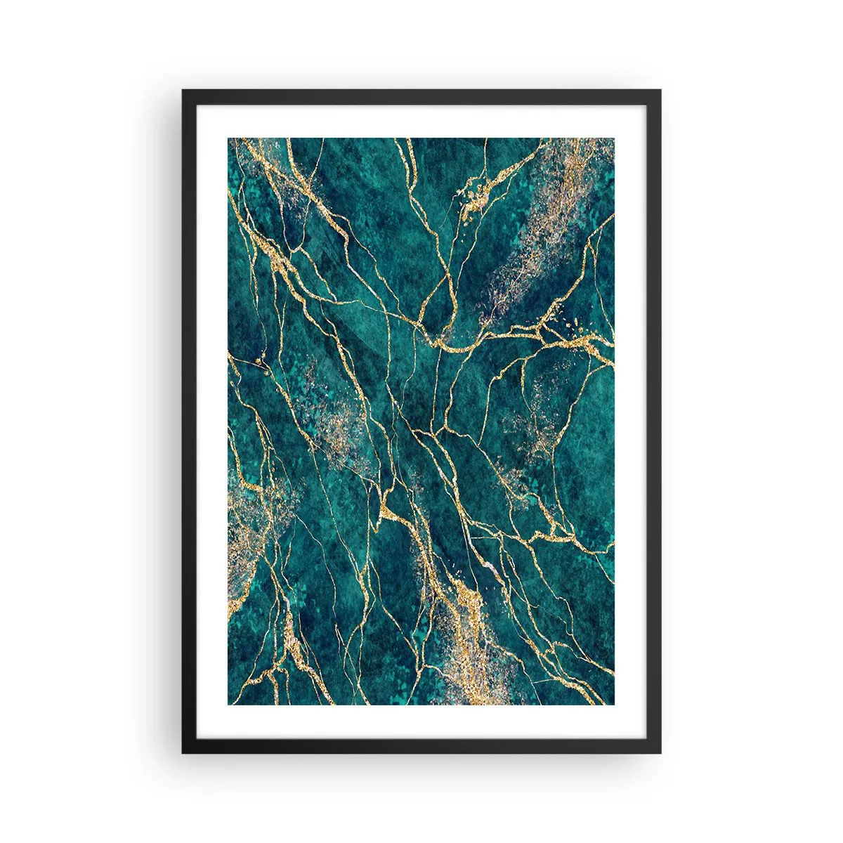Plakat w czarnej ramie - Abstrakcyjne złote żyły na tle zielonego marmuru - 50x70cm - Żyła złota - Nowoczesna dekoracja ścienna do salonu i sypialni ARTTOR