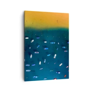 Obraz na płótnie - Widok z lotu ptaka na kolorowe łodzie na turkusowej wodzie przy złotej plaży - 50x70cm - Wakacyjna gra - Nowoczesna dekoracja ścienna do salonu, kuchni i sypialni ARTTOR