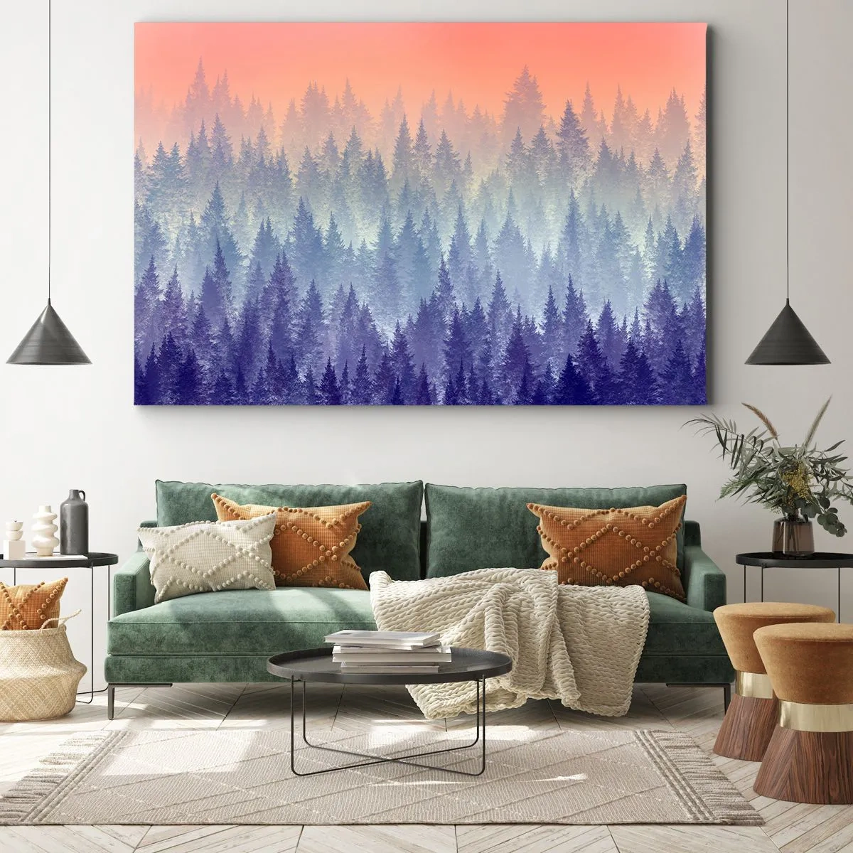 Obraz na płótnie - Mglisty las w odcieniach fioletu i pomarańczu - 70x50cm - Wysoko, wyżej, do nieba - Nowoczesna dekoracja ścienna do salonu i sypialni ARTTOR
