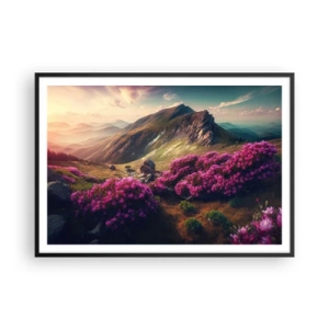Plakat w czarnej ramie - Górski krajobraz z kwitnącymi rododendronami - 100x70cm - Lato w górach - Nowoczesna dekoracja ścienna do salonu i sypialni ARTTOR