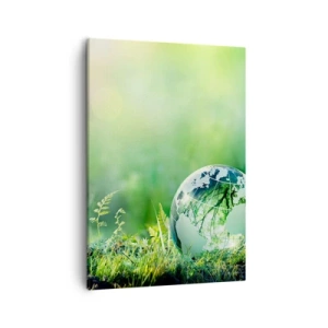 Obraz na płótnie - Szklana kula z mapą świata leżąca na zielonej trawie w naturalnym świetle - 50x70cm - Zielona planeta - Nowoczesna dekoracja ścienna do salonu, kuchni i sypialni ARTTOR