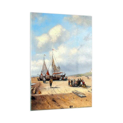 Obraz na szkle - Scena na plaży z łodziami rybackimi i ludźmi po połowie - 50x70cm - Po udanym połowie - Nowoczesna dekoracja ścienna do salonu, kuchni i sypialni ARTTOR