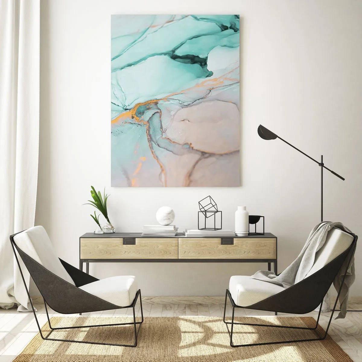 Obraz na szkle - Abstrakcyjna kompozycja w odcieniach turkusu i złota - 80x120cm - Taniec kształtów i barw - Nowoczesna dekoracja ścienna do salonu i sypialni ARTTOR