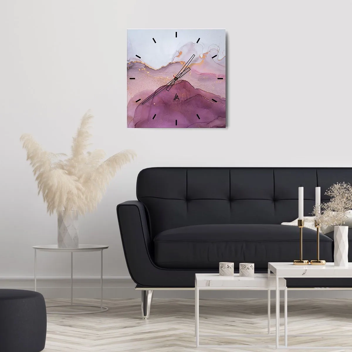 Zegar ścienny - Abstrakcyjna kompozycja w odcieniach fioletu i złota - 30x30cm - Fale lila i fioletu - Nowoczesna dekoracja ścienna do salonu i sypialni ARTTOR