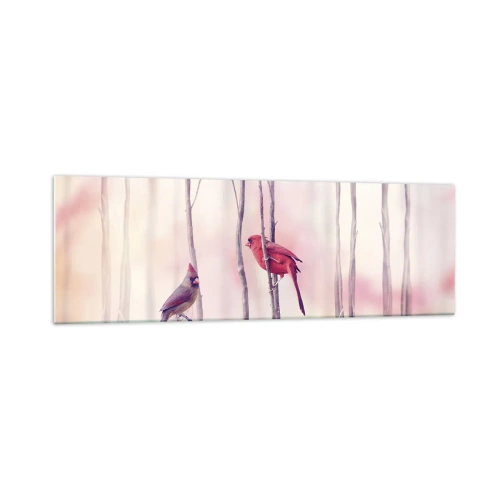 Obraz na szkle - Para kardynałów na gałęziach w pastelowym krajobrazie - 160x50cm - Opowieść różowego lasu - Nowoczesna dekoracja ścienna do salonu i sypialni ARTTOR