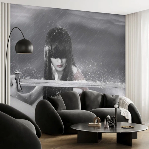 Fototapeta Premium Sand - Wojowniczka z mieczem w deszczu - 100x70cm - Piękna i niebezpieczna - Nowoczesna dekoracja ścienna do salonu, kuchni i sypialni ARTTOR