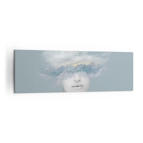 Obraz na płótnie - Portret kobiety z twarzą ukrytą za chmurami i falami - 160x50cm - Z głową w chmurach - Nowoczesna dekoracja ścienna do salonu i sypialni ARTTOR