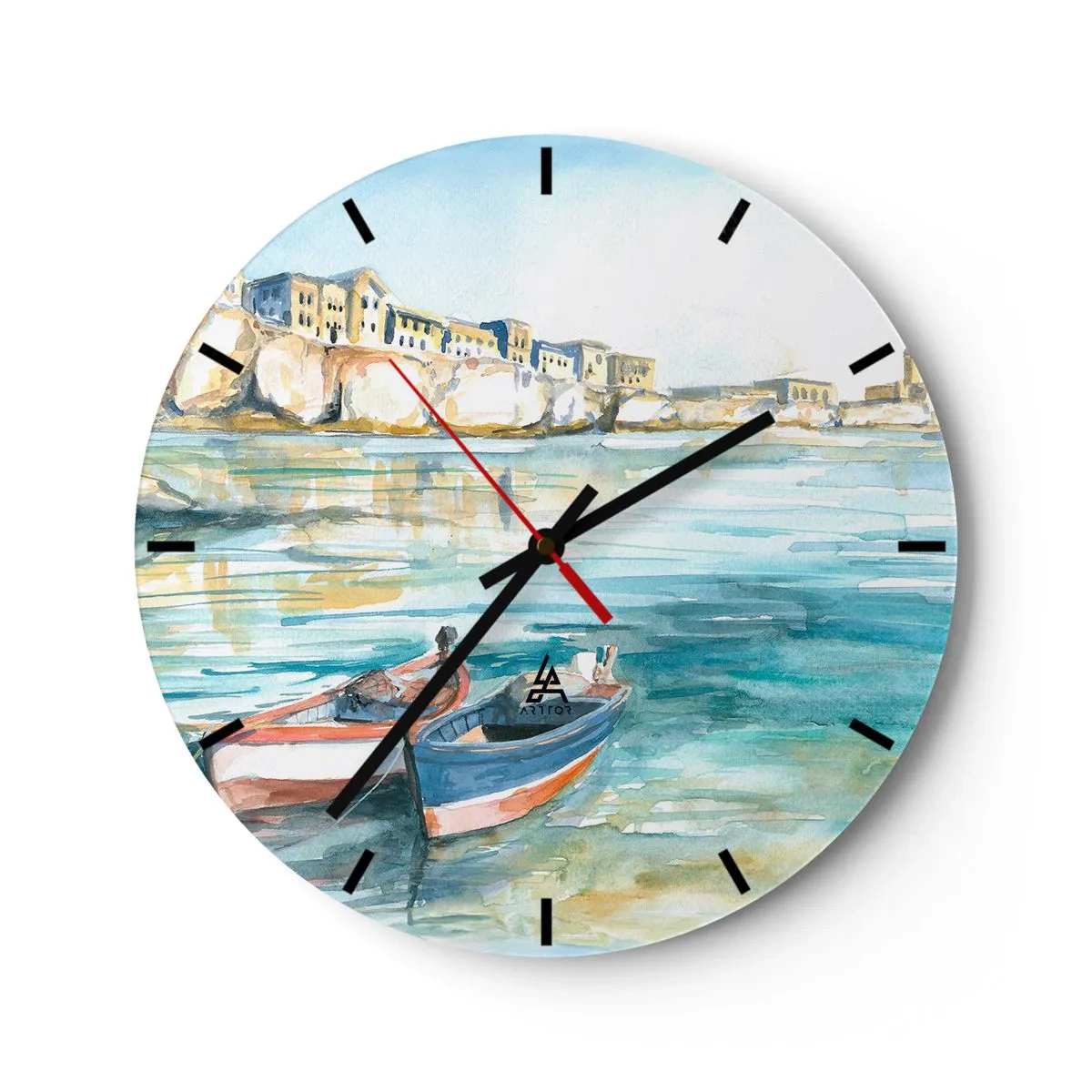 Zegar ścienny - Akwarelowy widok na łodzie przy brzegu z zabudową w tle - 30x30cm - Pejzaż w lazurze - Nowoczesna dekoracja ścienna do salonu, kuchni i sypialni ARTTOR