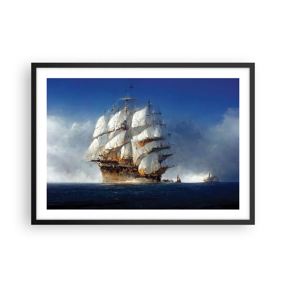 Plakat w czarnej ramie - Żaglowiec na otwartym morzu pod błękitnym niebem - 70x50cm - The great glory! - Nowoczesna dekoracja ścienna do salonu i sypialni ARTTOR