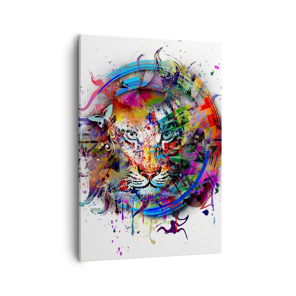 Obraz na płótnie - Kolorowy portret lwa w stylu abstrakcyjnym - 50x70cm - Czai się za tęczową zasłoną - Nowoczesna dekoracja ścienna do salonu, kuchni i sypialni ARTTOR