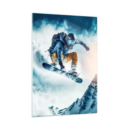 Obraz na szkle - Snowboardzista w locie nad ośnieżonymi górami - 50x70cm - Ekstremalne emocje - Nowoczesna dekoracja ścienna do salonu, kuchni i sypialni ARTTOR
