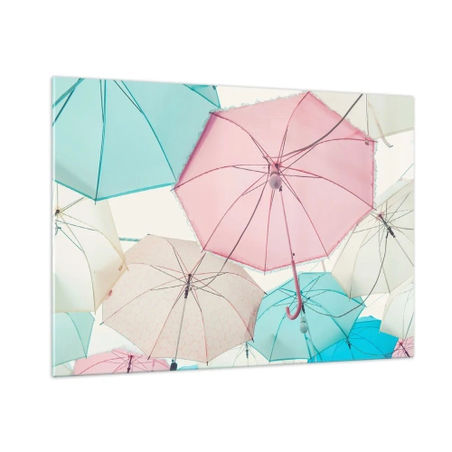 Obraz na szkle - Kolorowe parasole unoszące się w powietrzu - 100x70cm - Czasem słońce, czasem deszcz - Nowoczesna dekoracja ścienna do salonu, kuchni i sypialni ARTTOR