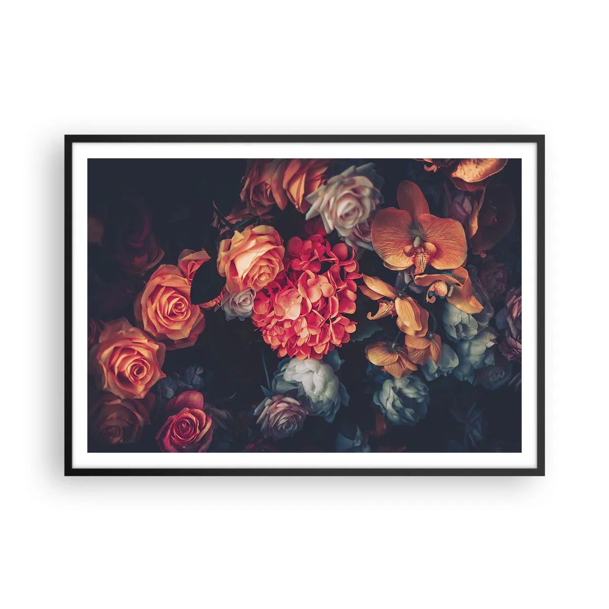 Plakat w czarnej ramie - Bukiet różnorodnych kwiatów w ciemnej tonacji - 100x70cm - Jak u holenderskich mistrzów - Nowoczesna dekoracja ścienna do salonu i sypialni ARTTOR