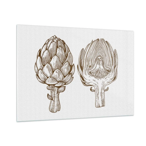Obraz na szkle - Botaniczny rysunek karczocha w całości i w przekroju - 100x70cm - Lekcja anatomii - Nowoczesna dekoracja ścienna do salonu, kuchni i sypialni ARTTOR
